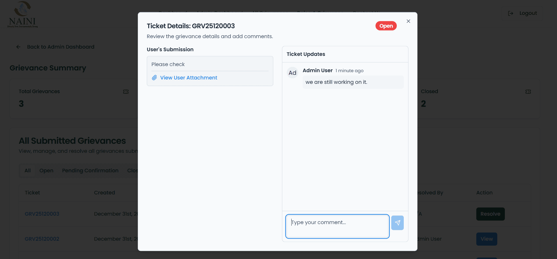 Grievance Comment Section